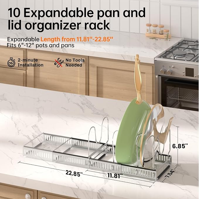 MUDEELA Expandable Pot Pan Lid Organizers inside Cabinet, 10 Divider-Silver - Image 2