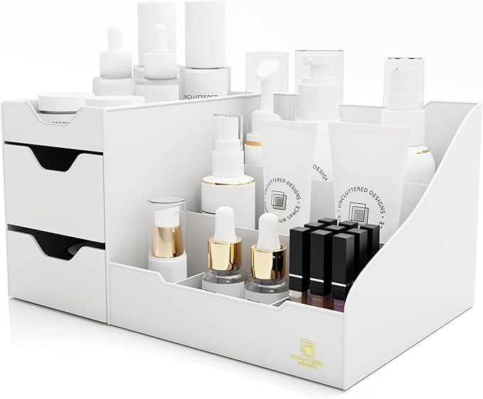 Uncluttered Designs Large Makeup Organizer for Vanity - Countertop Desk With Drawers for Cosmetic, Beauty, Hair, Nail, Perfume & Skincare - Perfect for Bathroom & Bedroom Storage (White) by UnclutteredDesigns