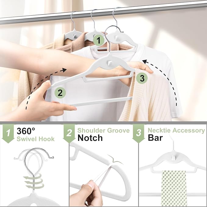 Velvet Felt Stackable Hangers 50 Pack, Thin & Space Saving, White | Non Slip, 15Lbs Capacity Heavy Duty With 360° Swivel Hook, Shoulder Notches, No Shoulder Bump, for Coat Suit Shirt Dress - Image 5