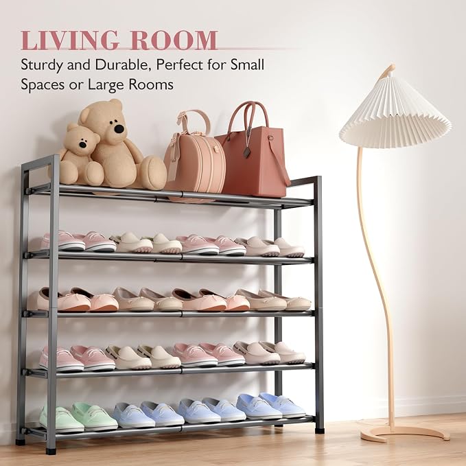 Bumusty 5 Tier Expandable Shoe Rack for Closet, Grey | 18"-33" Adjustable Shoe Rack for Entryway, Small Shoe Organizer for Dorm, Front Door, Sturdy Metal - Image 6