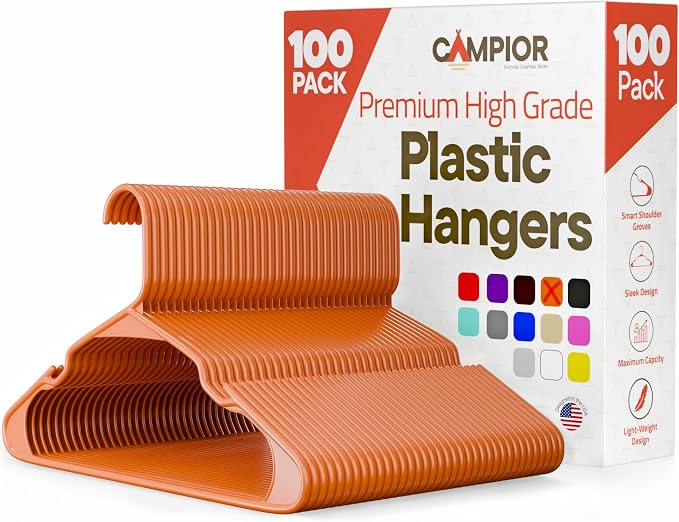 Plastic Clothes Hangers – Heavy Duty Hanger Set, for Organizing Clothes, Dresses, and Coat, Holds Up to 5 lbs, Space-Saving Hangers with Non-Slip Shoulder Grooves, Pack of 100, Orange by Campior
