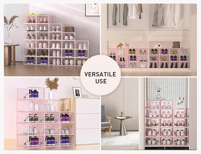 Kuject X-Large Shoe Storage Boxes 12 Pack, Clear Stackable Shoe Organizer | Shoe Case for Closet, Entryway & Under-Bed Storage, Drop-Front Design, Space-Saving Solution for Family Organization,Pink - Image 6