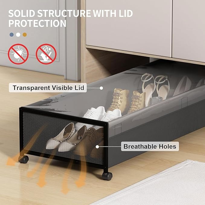 Under Bed Storage Containers with Wheels Large Underbed Shoes Blankets Clothes Toy Storage Drawers for College Dorms Bedrooms Nursery Rooms Organization (Black 2 Pack, 7.5in height(36"x16.6"x7.48")) - Image 5