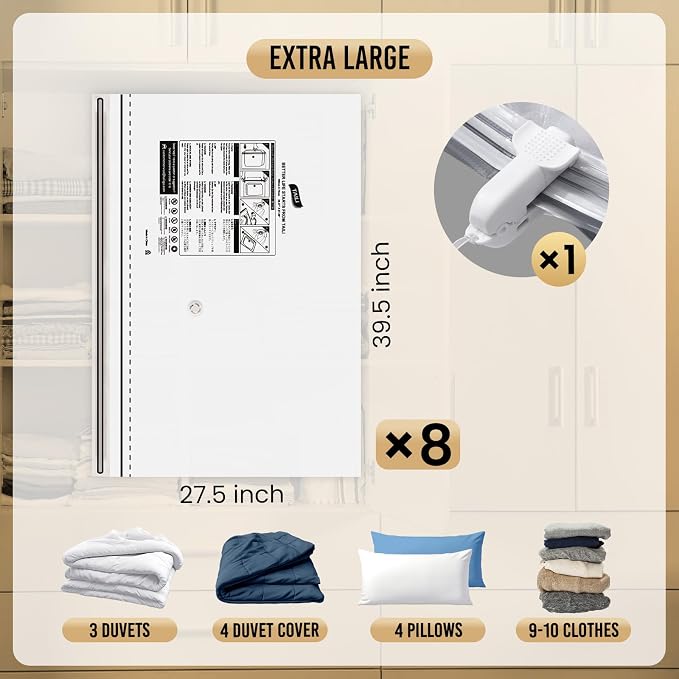 TAILI 8 Pack Vacuum Storage Bags, Jumbo LONG SIDE ZIP(39x28 inch), Clear - Image 3