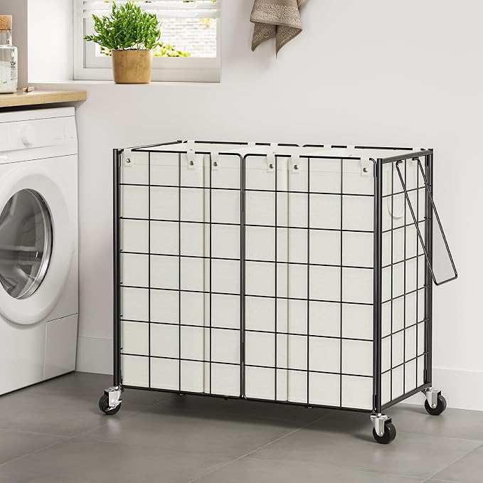 WOWLIVE Laundry Basket 3 Section with Wheels, Metal Rolling Laundry Hamper - Image 3