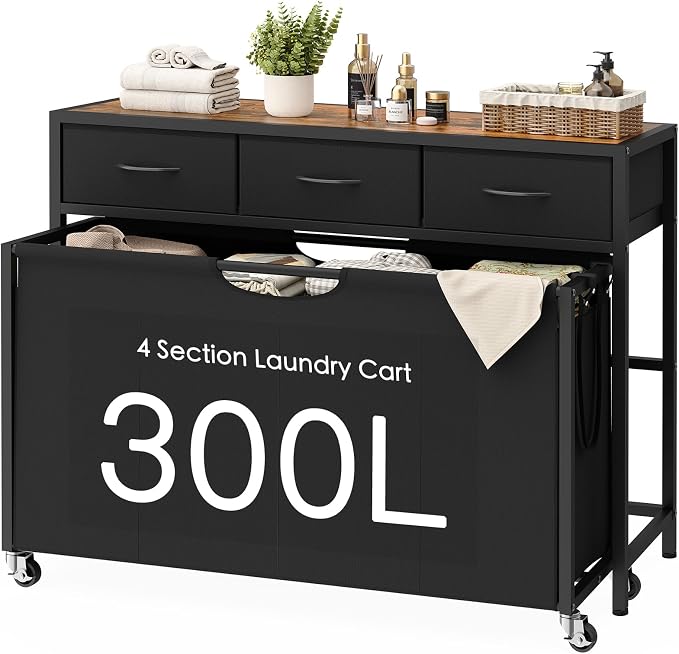 Laundry Sorter, Rolling Laundry Hamper with 4 Section Pull-Out Bags, 300L Large Laundry Basket Organizer with 3 Drawers, Laundry Hamper with Wheels for Laundry Room Organization, Bathroom, Bedroom by Unknown