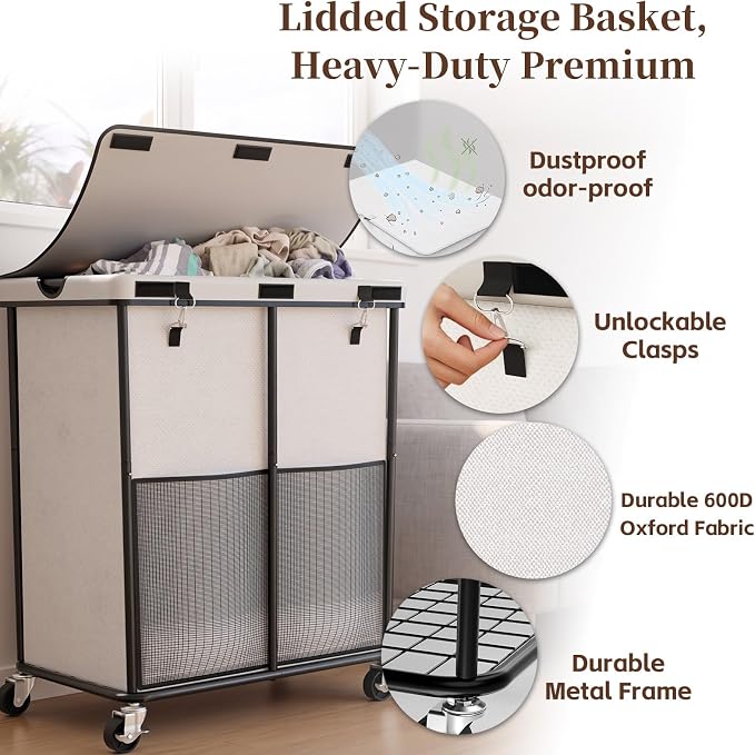 Laundry Hamper with Wheels and Lid, 225L Large Rolling Laundry Basket White - Image 4