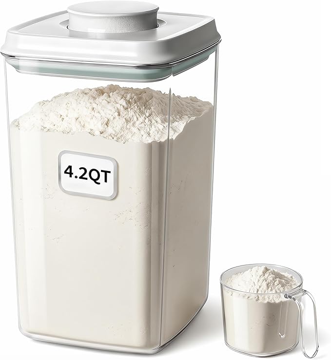 Melovom Pop Airtight Food Storage Container with Lid, 4L/4.2qt Large Cereal Flour Sugar Storage Container with Scoop, One Button Opening, BPA-Free, Kitchen Pantry Organization and Storage by Melovom