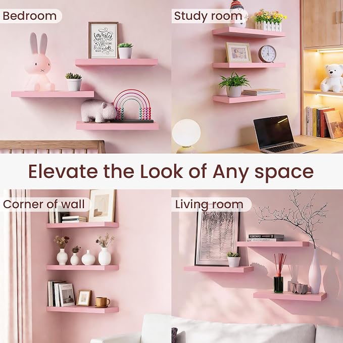 BAYKA Pink Floating Shelves 15.7in, Set of 3, Wall Mounted for Wall Decor - Image 6