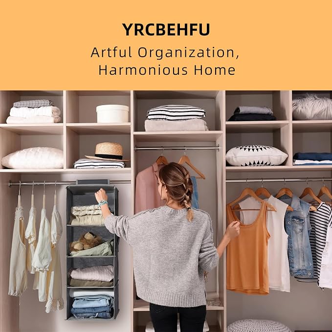2 Packs Hanging Closet Organizer Storage, 6-Shelf Hanging Shelves Clothes Organizer and Storage with Side Pockets, Beige - Image 2