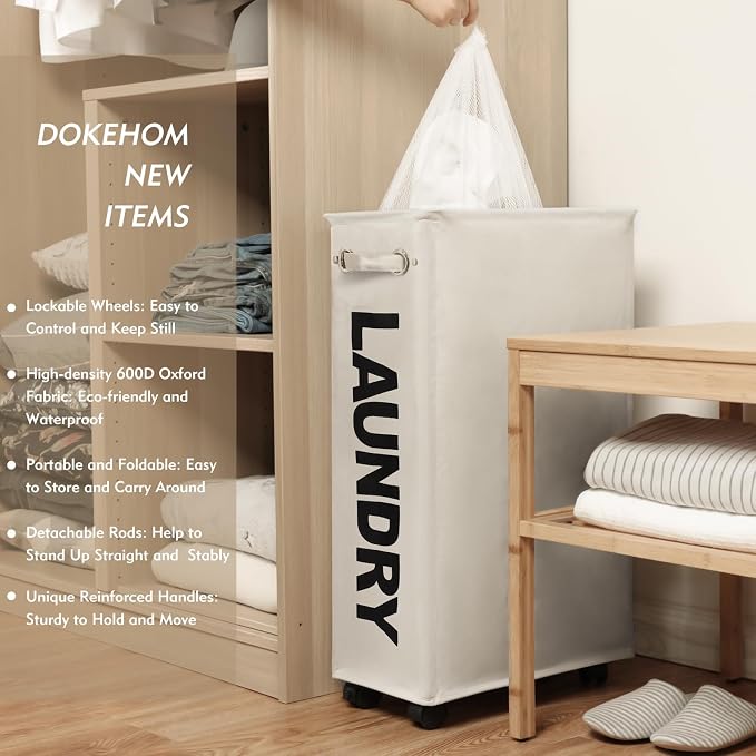 DOKEHOM 29" Enlarged Slim Rolling Laundry Basket Hamper on Wheels, Beige - Image 2