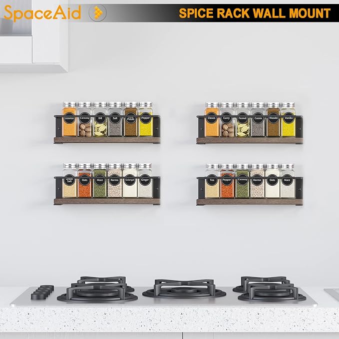 SpaceAid Spice Rack with 24 Spice Jars, 386 Spice Labels, Chalk Marker and Funnel, Wood Hanging Seasoning Shelf for Cabinet Door or Wall Mount (4 Pack) - Image 3