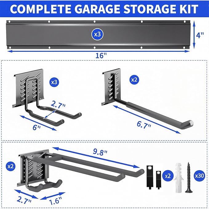 Garage Tool Organizer Wall Mount, 48 Inch Heavy Duty Garden Tool Organizer Storage System, Easy Install with 7 Adjustable Hooks, for Garage, Basement, Shed, Workshop, Black, Steel - Image 7