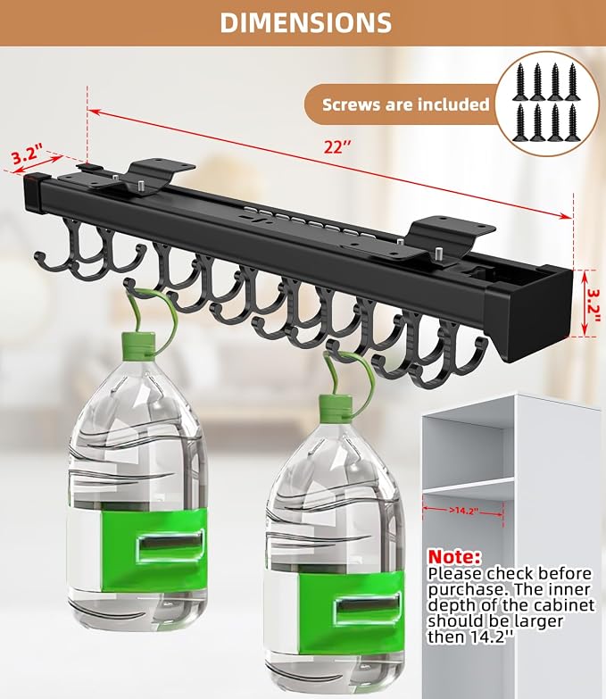 Pull Out Broom Holder With Adjustable Double Row Sliding Hook-Black 22in - Image 4