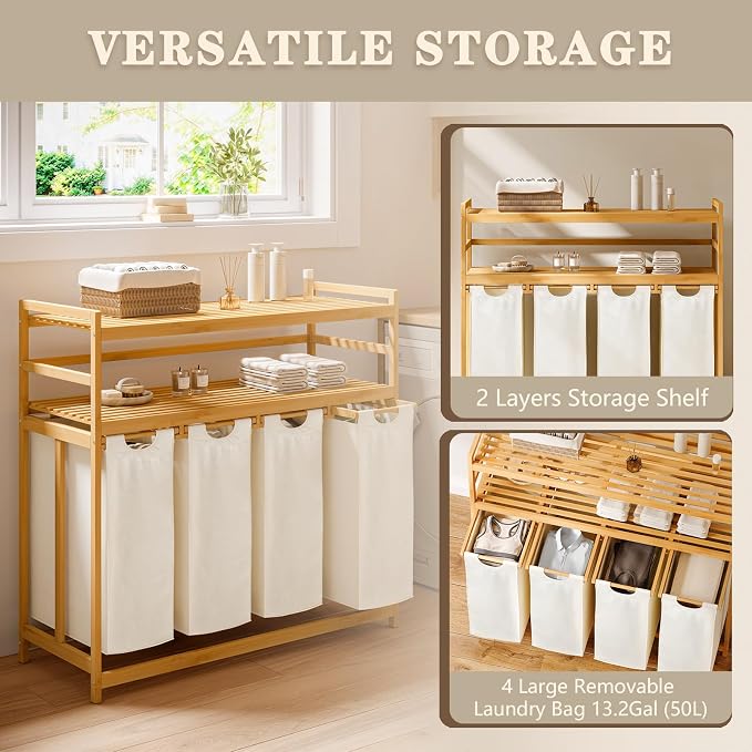 Bamboo 200L Laundry Hamper with 2 Tiers Shelf, Laundry Room Organization - Image 6