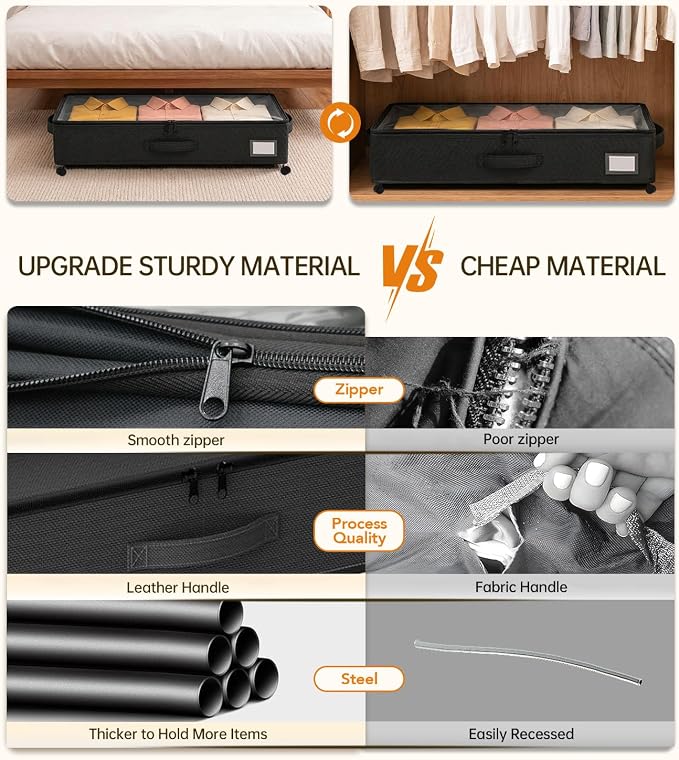 Under Bed Storage with Wheels 2-Pack, Under Bed Storage Containers, Underbed Box with Clear Lids, Rolling Underbed Storage bins for Shoes, Clothes, Blankets (25" L x 16.2" W x 5.5" H) - Image 6