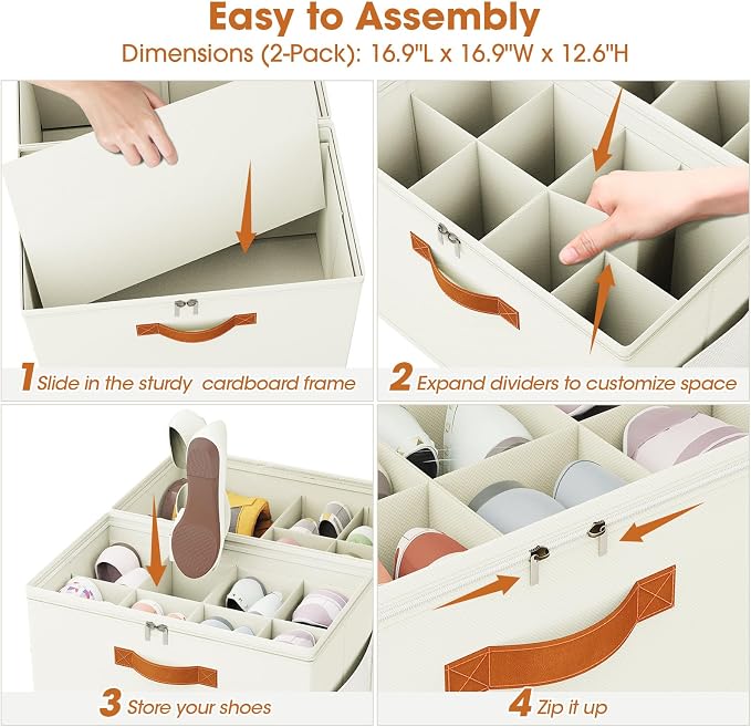 4-Pack Shoe Organizer for Closet, Foldable Shoe Storage Box with Adjustable Dividers & Clear Cover, Fits 32 Pairs, Beige, Durable and Space-Saving - Image 4