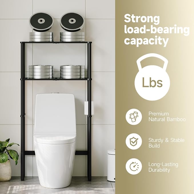 Over The Toilet Storage,2-Tier Bamboo Bathroom Shelf with Paper Holder - Image 7