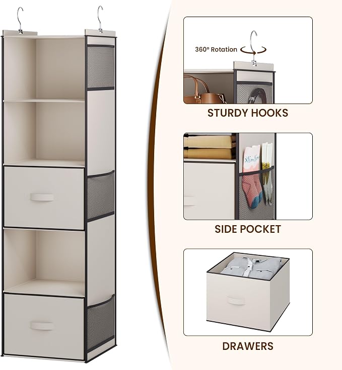 YOUDENOVA Hanging Closet Organizer, Hanging Shelves with Drawers, Beige | Closet Organizers and Storage with 6 side pockets, Foldable Storage for Clothes, Socks, Underwear & More, Breathable Fabric - Image 4
