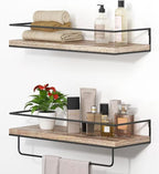 Shario Rustic Wood Floating Shelves - Set of 2, Wall Mounted Hanging Shelves with Black Towel Rack, Decorative Storage Shelves for Bathroom, Kitchen, Living Room & Bedroom (Light Wood, 15.7 Inches) by Shario