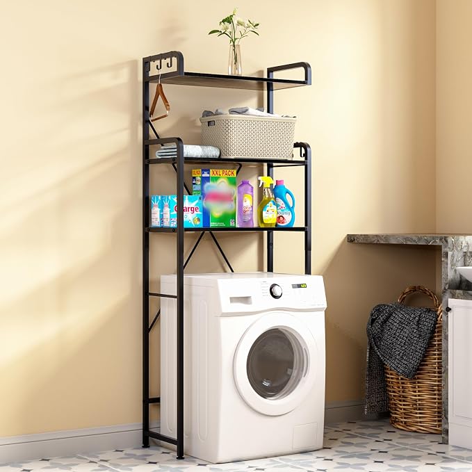 Huhote Over-The-Toilet Storage Rack with 3-Tier Shelves, Space Saver Toilet Shelf, Bathroom Storage Organizer with Hooks for Over-Toilet Storage (Black) - Image 6