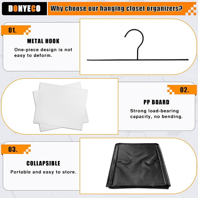 Hanging Closet Organizer 3-Shelf, Oxford Fabric Wardrobe Storage, Black | Easy-mount foldable design holds clothes, handbags, shoes & accessories; washable Oxford fabric, sturdy and space-saving. - Image 5