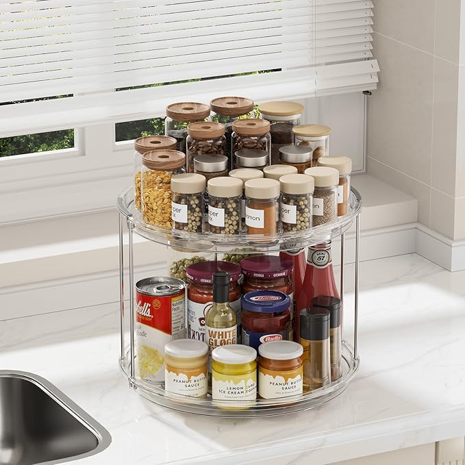 LAMU 12in 2 Tier Lazy Susan Organizer Large Lazy Susan Turntable Rotating Spice Rack Organization for Cabinet, Kitchen, Pantry, Countertop, Bathroom, Vanity, Medicine Cabinet Organizer, Clear - Image 6