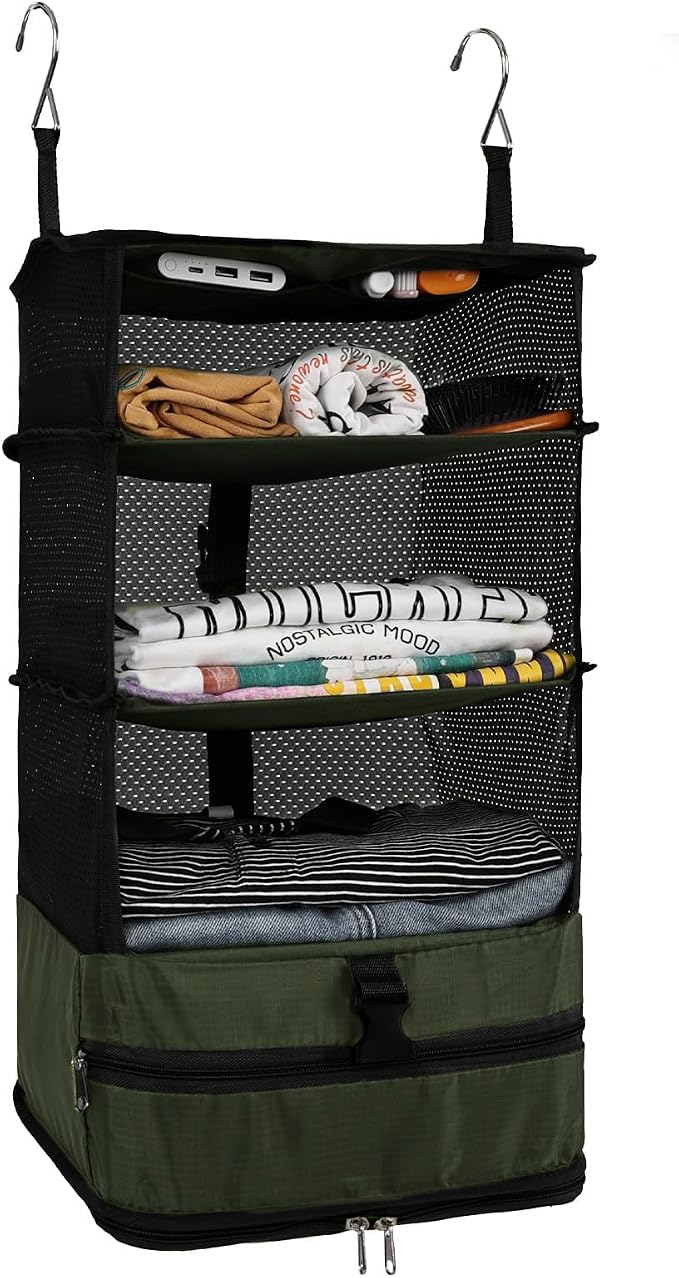Surblue Hanging Closet Storage Bag Collapsible 3-Shelf Washable Oxford Fabric with 2 Hooks (L 11.41 * 11.41 * 19.68in, Dark Green) by SURBLUE