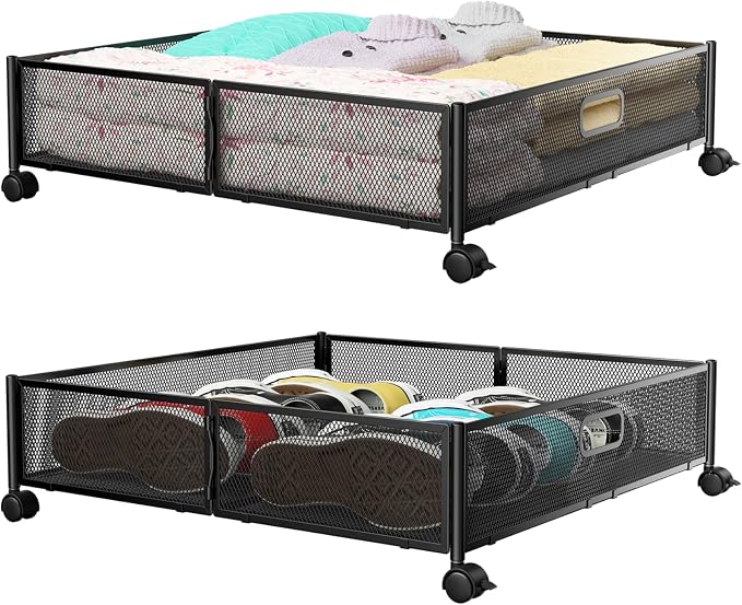 PHINOX Under Bed Storage with Wheels & Handle,Metal,Large,2 Pack,Black | Tool-free assembly, glide smoothly, easy reach, foldable, maxmazie low-profile beds, dorm, keep seasonal clothes, shoes fresh by PHINOX