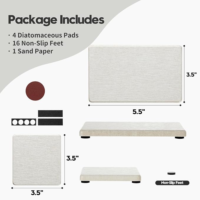 Razborci 4PCS Bathroom Sink Vanity Trays, Diatomaceous Earth Quick Stone Drying Mat Kitchen Counter Dish Soap Dispenser Sponge Holder, Water Absorbing Caddy Organizer for Bottle & Cup, Beige - Image 3
