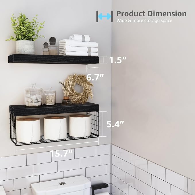 QEEIG Bathroom Shelves Over Toilet - Wall Mounted Floating Shelves Toilet Paper Storage Small Farmhouse Decor Shelf 16 inch Set of 2, Black (019-B2) - Image 3