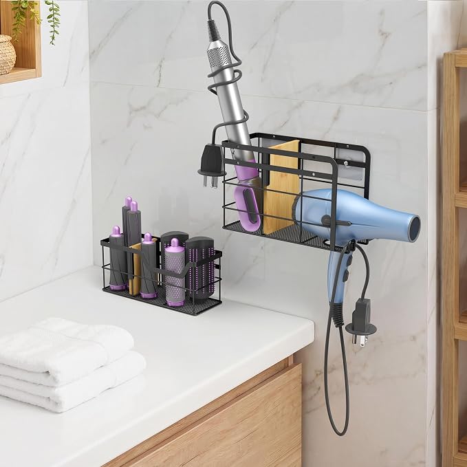 2 Pack Hair Tool Organizer - Hair Dryer Holder Wall Mounted/Cabinet Door - Adjustable Height Blow Dryer Holder - Curling Irons Storage with 2 Hooks (Black) - Image 7
