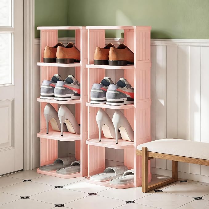 Kitstorack 8-Tier Vertical Plastic Shoe Rack, Freestanding Stackable Shoe Storage Organizer Cubes Shoe Shelf Tower or Small Closets and Tight Spaces, Pink - Image 8