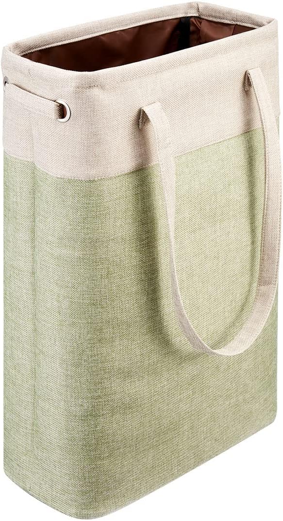 Laundry Basket with Handles Beige&Green Slim Laundry Bin Collapsible Dirty Clothes Basket Narrow Laundry Bag Foldable Dirty Hamper for Camping, Dorms, Apartments by iBKGOO