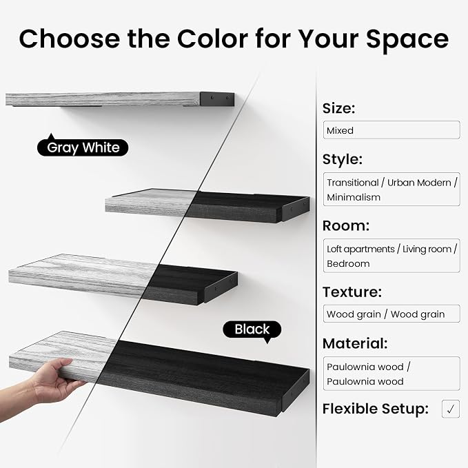 BAYKA Wall Shelves for Bedroom Decor, Wood, Gray White, Set of 3, 16in - Image 8