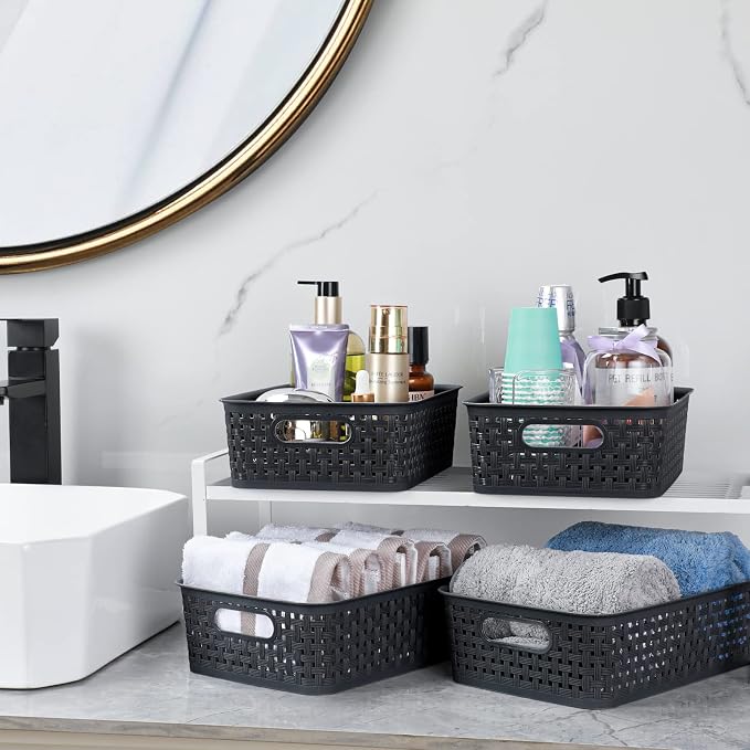 [ 8 Pack ] Plastic Storage Baskets, Small Pantry Organization and Storage Bins, Household Organizers for Laundry Room, Bathrooms, Kitchens, Cabinets, Countertops, Under Sink or Shelves, Black - Image 5