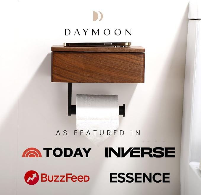Day Moon™ - Toilet Paper Holder with Shelf - Modern Roll Holder for Bathroom - 1 Pack - Wall Mount - with Storage, Wood - Image 4