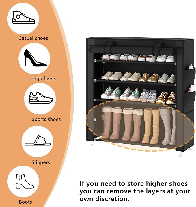 Laiensia 5-Tier Vertical Shoe Rack Organizer, Space Saving Shoe Storage Organizer, Non-Woven Cover Shoe Shelf Holds 20-25 Pairs for Bedroom, Hallway, Closet Entryway, Black - Image 7