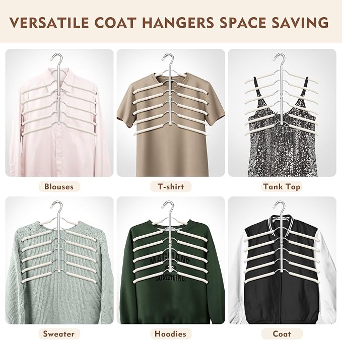 Space Saving Clothes Hangers,6 Tier Non Slip Shirt Hangers Closet Organizer | Space Saving Coat Hanger with Foam Padding,Closet Organizers and Storage for Shirts, Sweaters, Jackets, 3 Pack,Beige - Image 7