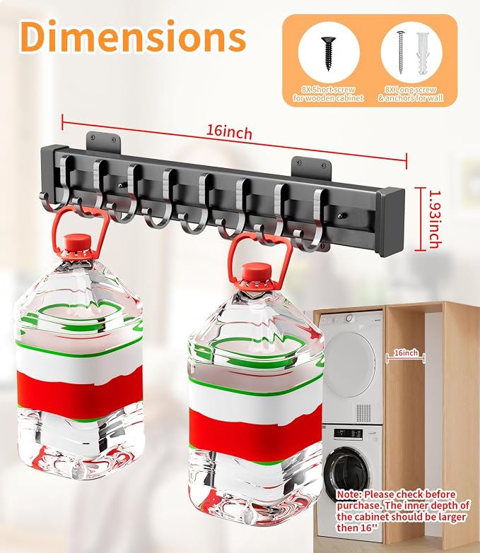 Pull Out Broom Holder With 8 Adjustable Row Sliding Hook - Black 14.17inch - Image 5