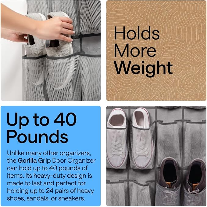 GORILLA GRIP Over the Door Shoe Organizer, 24 Large Pockets, Gray | Breathable Mesh Pocket, Space Saving Hanging Storage Holder, Closet Rack Hanger for Shoes, Pantry and Bathroom Accessories - Image 3