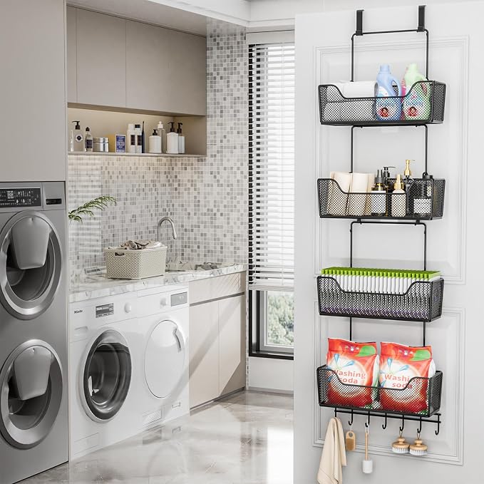 HapiRm Over The Door Organizer - Hanging Door Organizer with 4 Metal Large Capacity Baskets and Adjustable Coat Hook for Bathroom Bedroom Kitchen Pantry Closet Cabinet - Image 2