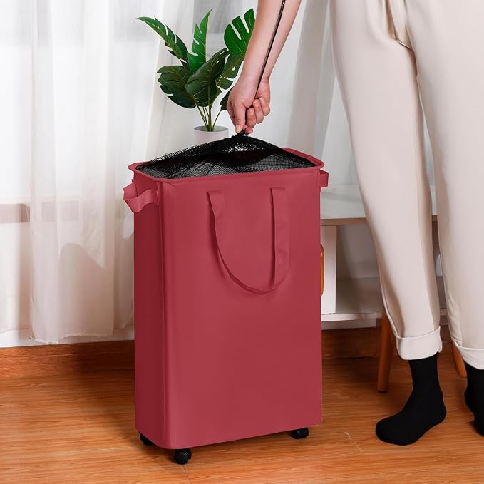 efluky Slim Laundry Hamper with Wheels, Rolling Laundry Basket for Clothes, Small Laundry Basket for Bedroom, Dorm and Laundry Room, 60L (12.7 Gallons) Red - Image 5