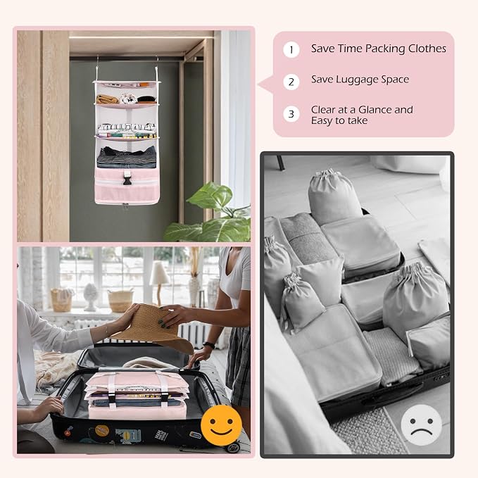 Surblue Hanging Closet Storage Bag Collapsible 3-Shelf Washable Oxford Fabric with 2 Hooks (L 11.41 * 11.41 * 19.68in, Pink) - Image 4