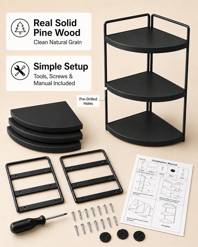 3-Tier Corner Bathroom Counter Organizer, Solid Pine Vanity Shelf, Black - Image 7