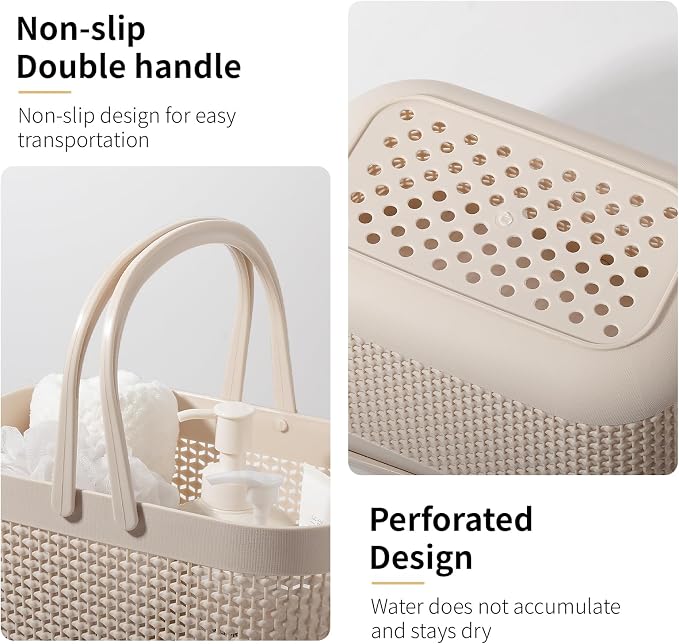 Plastic Portable Shower Caddy Basket, Storage Organizer with Handle, Beige - Image 2