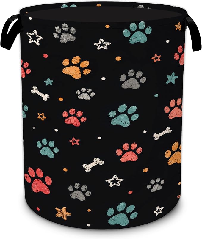Dog Paws Laundry Basket with Handles,Cute Stars Foldable Oxford Clothes Hamper, Portable Dirty Clothes Storage Organizer for Bedroom Bathroom Dorm Laundry Room,20.8x16 Inch by Unknown