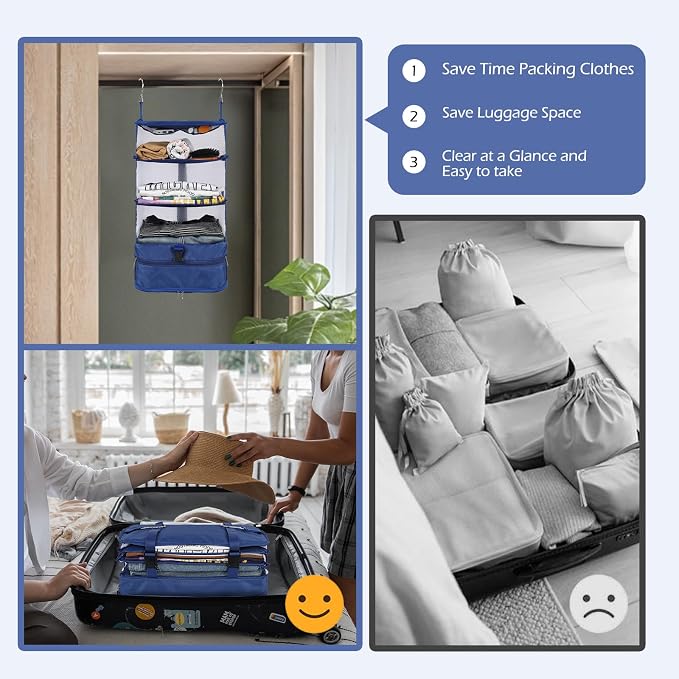 Surblue Hanging 3-Shelf Closet Organizer Pocket Collapsible Washable Oxford Fabric with 2 Hooks (L 11.41 * 11.41 * 19.68in, Blue) - Image 4