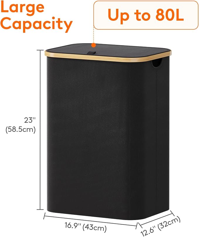 Lifewit 80L Large Laundry Basket with Lid, Removable Bags, Black - Image 4