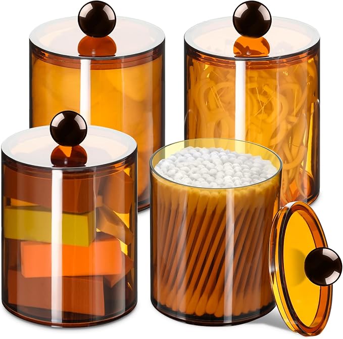 4 Pcs Acrylic Qtip Holder, Cotton Ball Holder Jars with Lids, Brown by XIPENGKEJI